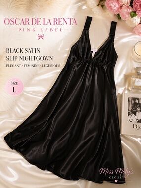 Oscar de la Renta Pink Label Black Satin Slip Chemise Nightgown L
